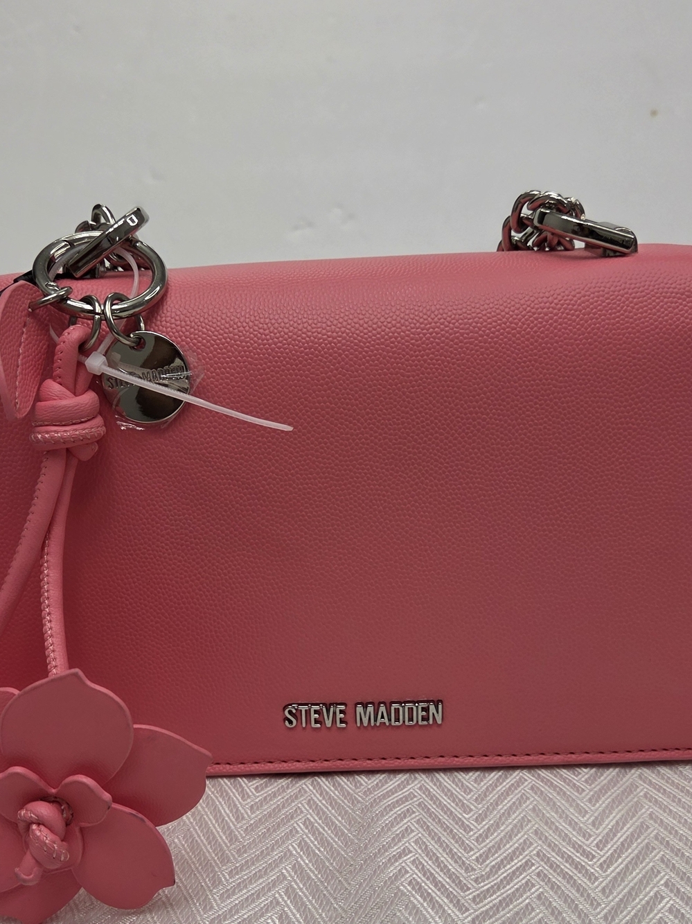 Steve Madden Pink Crossbody with Floral Charm and Silver-Tone Hardware